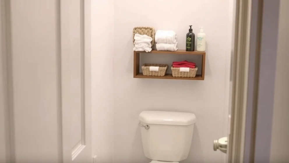 Hylla över toalett sparar plats i små badrum